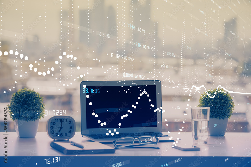 Poster Double exposure of table with computer on background and data theme drawing. Concept of innovation.
