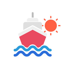 Sea, ship and sun icon. Cruise ship in the morning. Vector.