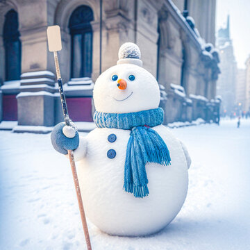 Cute funny snowman making a selfie in a winter environment