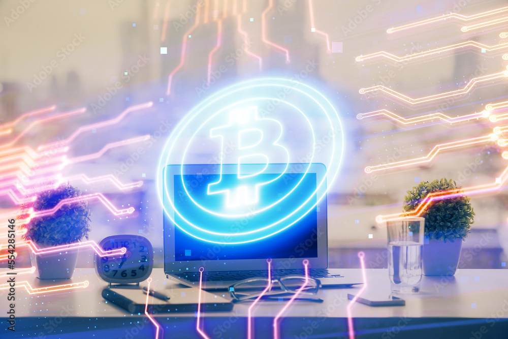 Aufkleber Double exposure of blockchain and crypto economy theme hologram and table with computer background. Concept of bitcoin cryptocurrency.