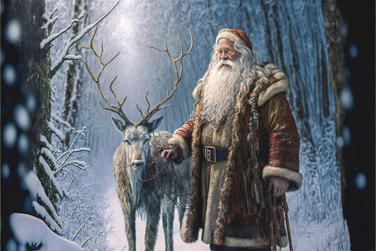 Santa claus tending to his reindeer in a winter forest environment