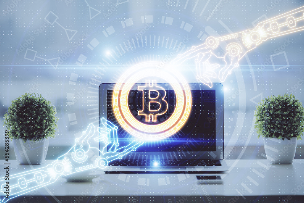 Aufkleber double exposure of blockchain and crypto economy theme hologram and table with computer background. 