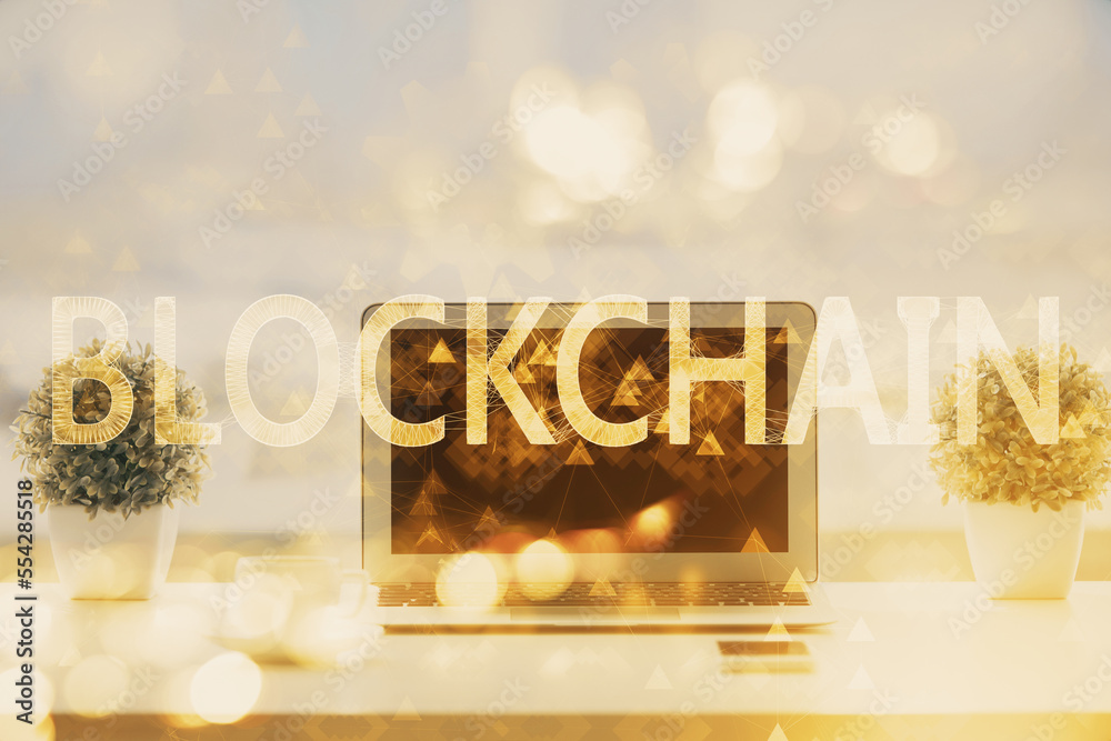 Poster Double exposure of blockchain and crypto economy theme hologram and table with computer background. Concept of bitcoin cryptocurrency.