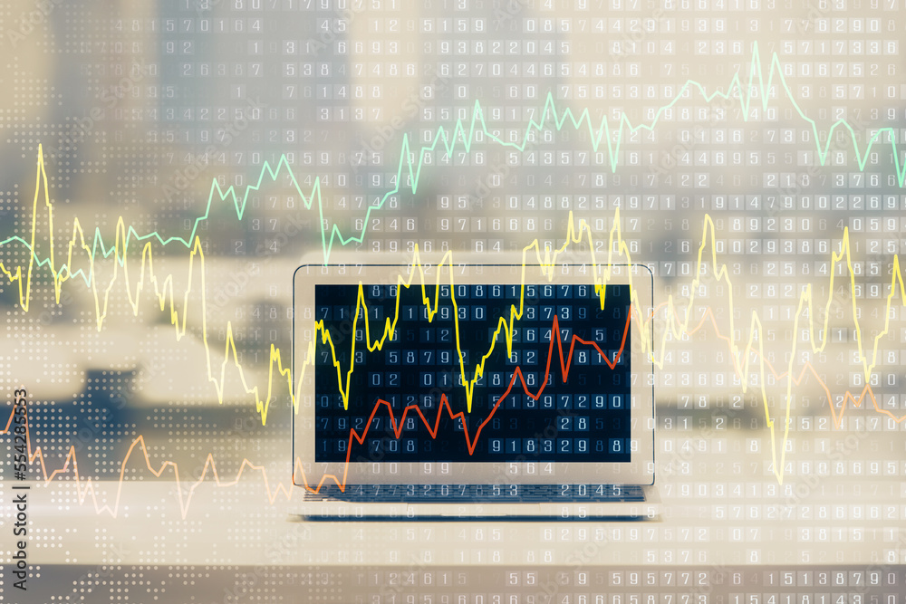 Poster stock market graph on background with desk and personal computer. double exposure. concept of financ