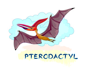 Illustration of flying pterodactyl. Prehistoric extinct dinosaur. Jurassic world animals. Isolated drawing. Print for fabric, kids clothes, embroidery, wallpaper. Flat cartoon vector. © nataljacernecka