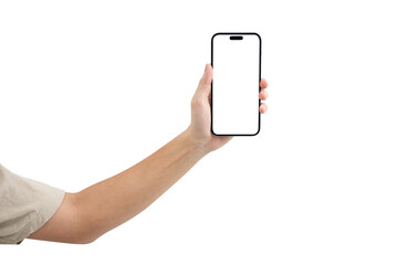 Hand showing smartphone with blank screen isolated on white background