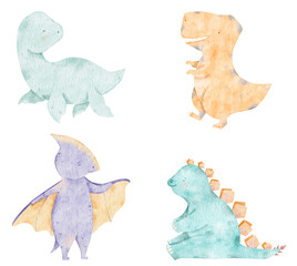 Watercolor cute baby dinosaurs illustration. T-rex baby dino isolated. Cartoon dinosaur, character design, jurassic hand drawn clipart. Cute animal illustration for kids. © NastiaVik