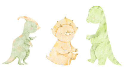 Watercolor cute baby dinosaurs illustration. Diplodocus, triceratops baby dino isolated. Cartoon dinosaur, character design, jurassic hand drawn clipart. Cute animal illustration for kids.