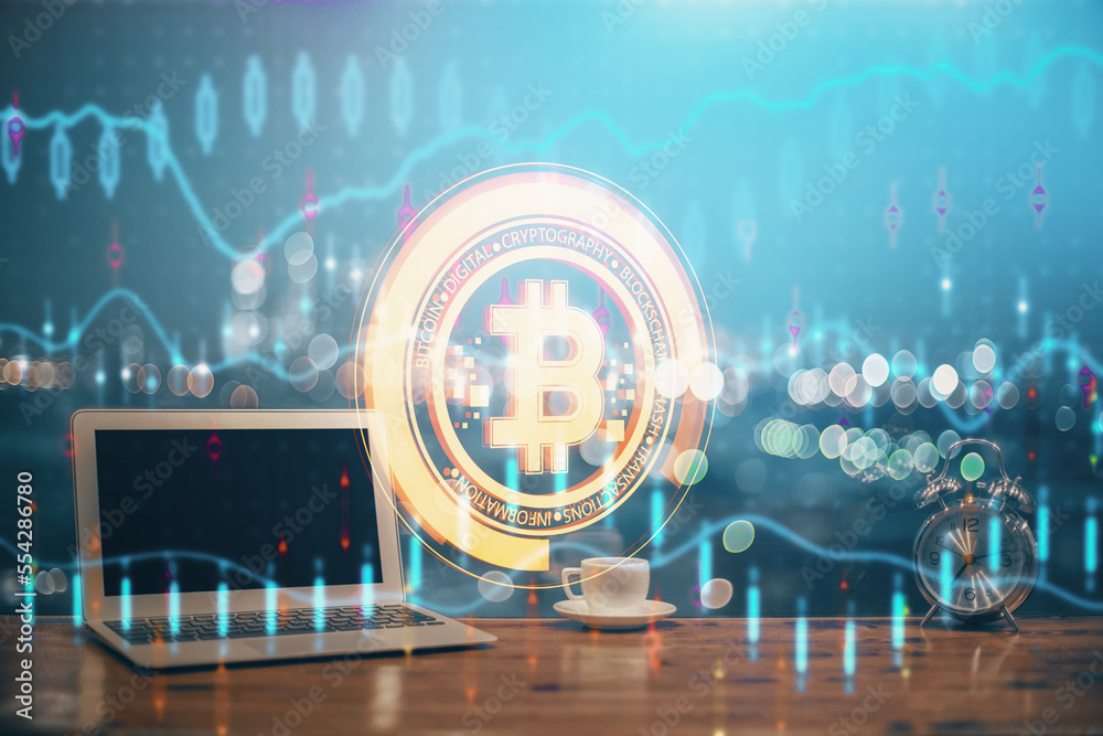Aufkleber Multi exposure of blockchain theme hologram and table with computer background. Concept of bitcoin crypto currency.
