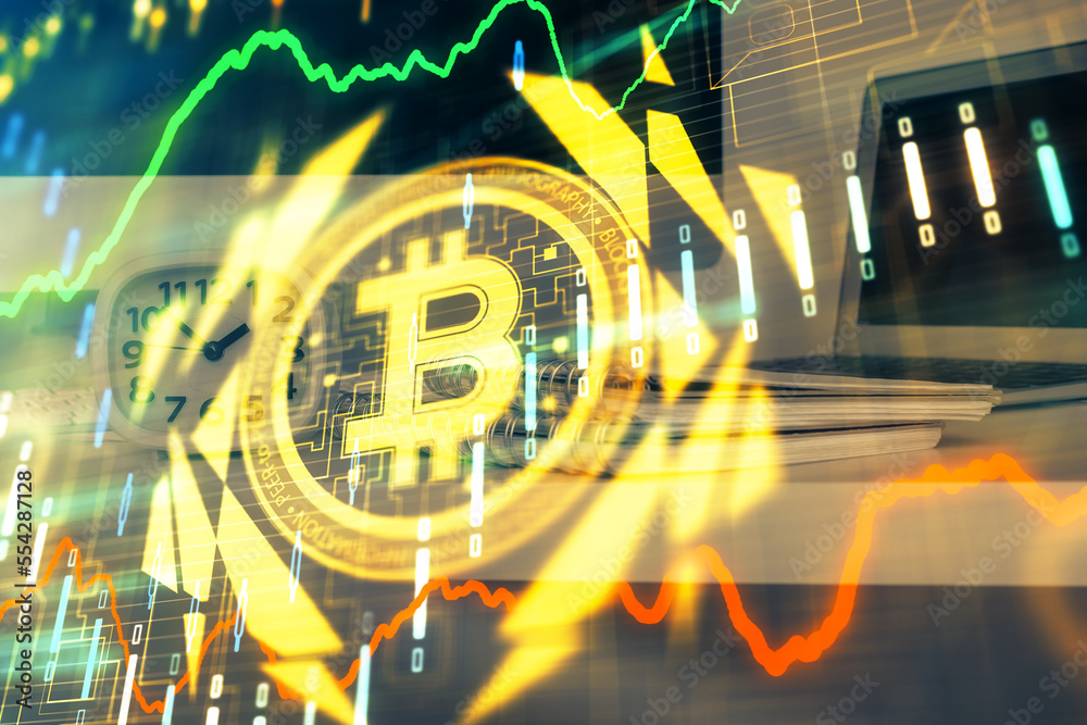 Poster Multi exposure of blockchain theme hologram and table with computer background. Concept of bitcoin crypto currency.