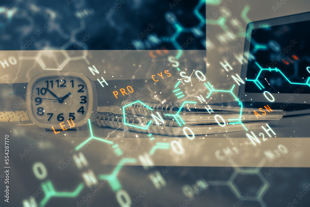 Poster desktop computer background and formula hologram writing. double exposure. education concept.