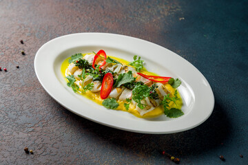 Roasted squid on plate with sauce on dark stone table