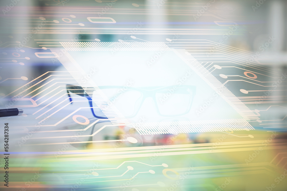 Aufkleber data tech hologram with glasses on the table background. concept of technology. double exposure.
