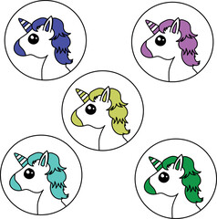 set of multicolored unicorn stickers on a white background