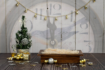 Newborn digital backdrop with wooden box, clock, christmas or new year eve decoration.  Newborn...