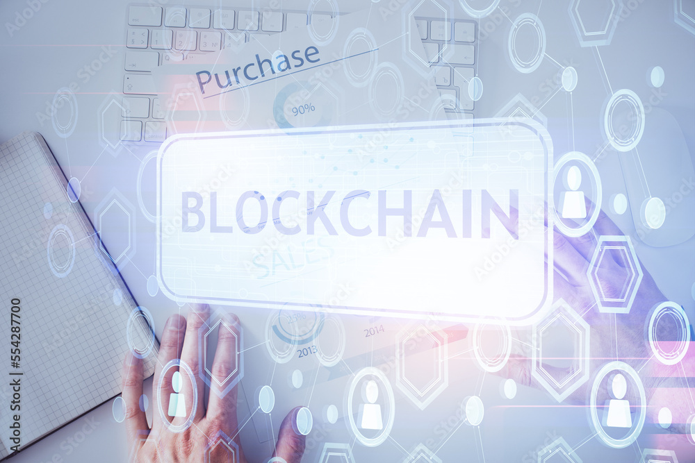 Poster man's hands working with notes background. cryptocurrency and finance concept.
