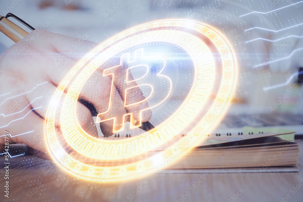 Poster man's hands working with notes background. cryptocurrency and finance concept.