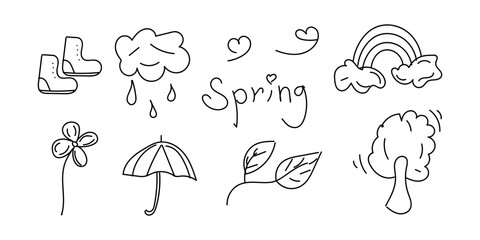 Hand drawn Spring doodle set. Collection spring with black lettering. Doodle hand drawn illustration, vector eps10