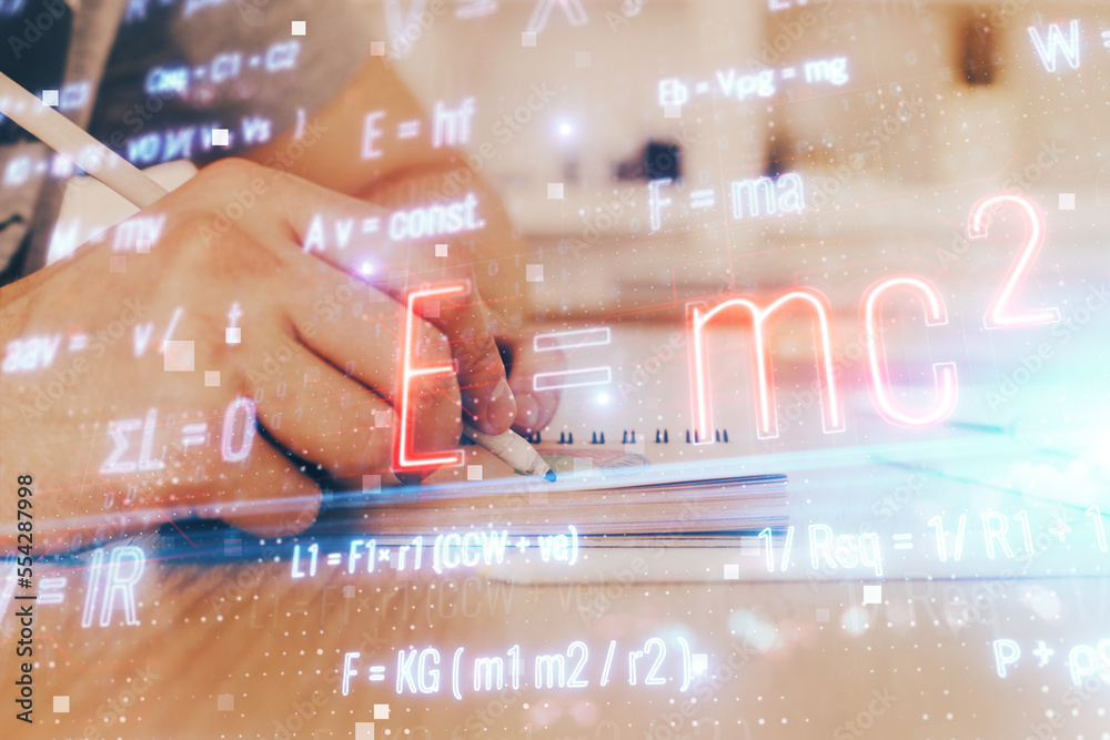 Poster student or teacher with mathematical and scientific formulas. concepts of education.