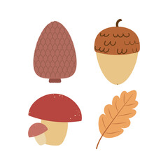 Autumn set: leaves, acorn, mushroom and bump