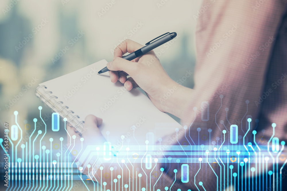 Poster multi exposure of woman's writing hand on background with data technology hud. concept of innovation