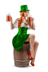 Happy Irish girl holding big mugs with beer or ale sitting on a barrel. Young red-haired woman аs...