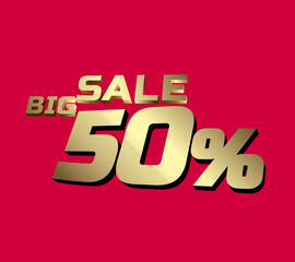 Big sale 50 percent 3Ds Letter Golden, 3Ds Level Gold color, big sales 3D, Percent on red color background.