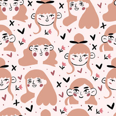 Vector seamless pattern with blond girls faces and flower in head on beige background. Romantic girl portrait pattern. . Vector illustration