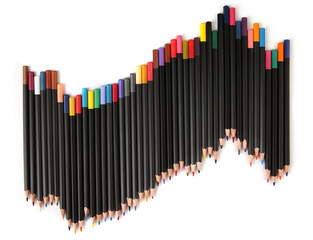 Colored pencils lined up on white background. Color pencils isolated on white.