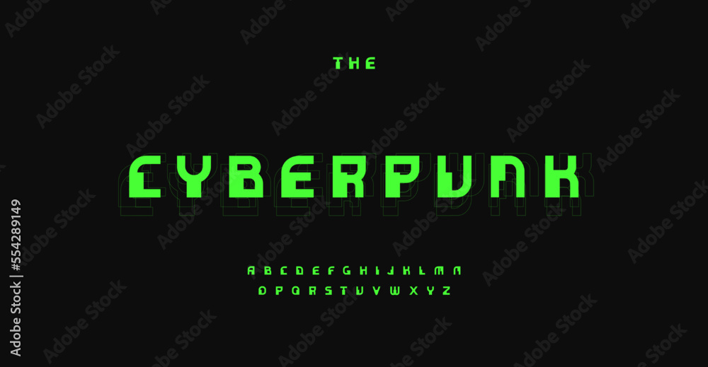 Poster cyberpunk font, retro digital typeset. green hacker alphabet, pixel unusual type. cyber tech letters