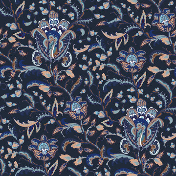 Seamless oriental pattern with stylized leaves and flowers. Repeating geometric tiles with turkish kukumber or buta. Vector laced decorative background. Floral ornament. Indian or turkish motif