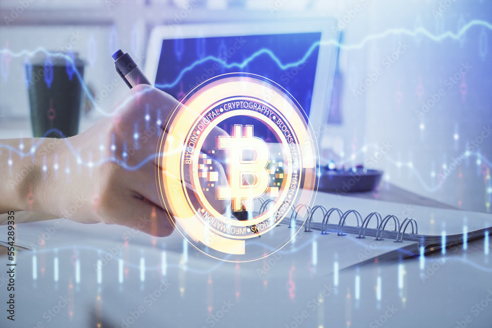 Poster cryptocurrency hologram, bitcoin, ico theme over hands taking notes background. concept of blockchai