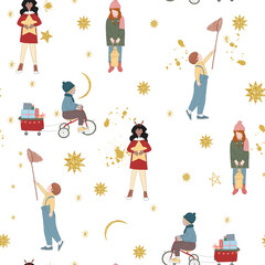 Hand drawn graphic Merry Christmas and Happy new year illustrations seamless pattern with kids celebrate Xmas and playing .Merry Christmas kids cute design background concept.