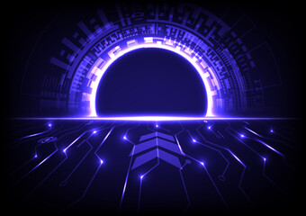 abstract circle hi tech glow There is a space in the middle with laser light and perspective electronic circuits There is a bright light on the line with the element. blue gradient background