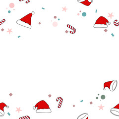 Santa Claus hat snow candy cane snowflake scarf isolated. Gift wrap paper doodle design. Christmas pattern vector.
