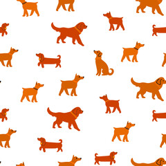 Vector seamless pattern with cute dogs isolated on white, dachshund, jack russell, terrier, doberman with flowers, crowns, polka dots. Animal pattern, perfect for kids textile, nursery decor, fabric