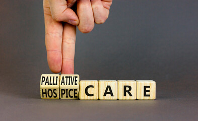 Palliative or hospice care symbol. Concept word Palliative care Hospice care on wooden cubes....