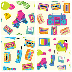 Abstract seamless background mix and element in eighties and nineties style. Retro style 80's disco design. 80s party, fashion, background, graphic, light disco party.