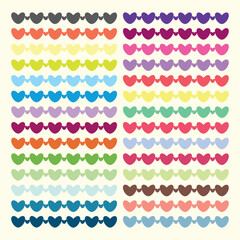 Border of large and small colored hearts, clothesline of hearts