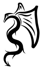 Swirl calligraphy dragon character with wings. Chinese symbol, tatto element label.  Black brush stroke