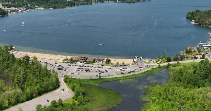 Scenic summer aerial video of the south end of Lake George, NY, Million Dollar Beach State Park, June 30, 2022
