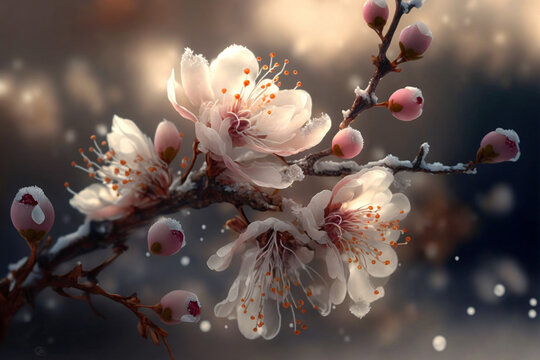 A branch of beautiful plum blossom with snow background