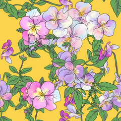 Seamless floral pattern with blossom pink violets, green leaves on yellow background.