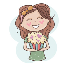 Super cute little girl holding a giant cupcake with hearts