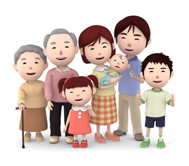 Family of 3 generations. 3D illustration
3D illustration, big family portrait of 3 generations.
Mother and father, grandpa, grandma,daughter and son,  with baby happiness lifestyle. 