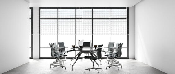 modern conference room decorates interior with white wall tone, black chairs, and laptop on table. It is in a tall building with a city view outside. Concept of office and modern. 3D rendering