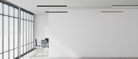 modern conference room Interior decoration with white wall tone and black chairs It is in a high-rise building with a view of the city outside. concept of office and modern style. 3D rendering © DJSPIDA FOTO