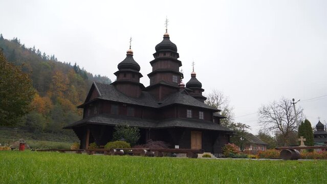 The Church of Holy Prophet Ilya - unique architectural monument built in Hutsul style in shape of cross in Yaremche city, Carpathian Mountains, western Ukraine