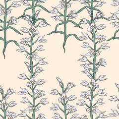 Seamless floral pattern with wildflowers and herbs in light yellow background.