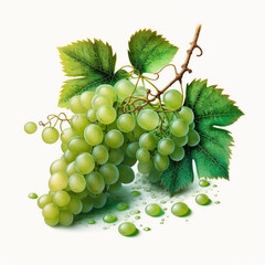 Obraz premium Green grapes with leaves on white background